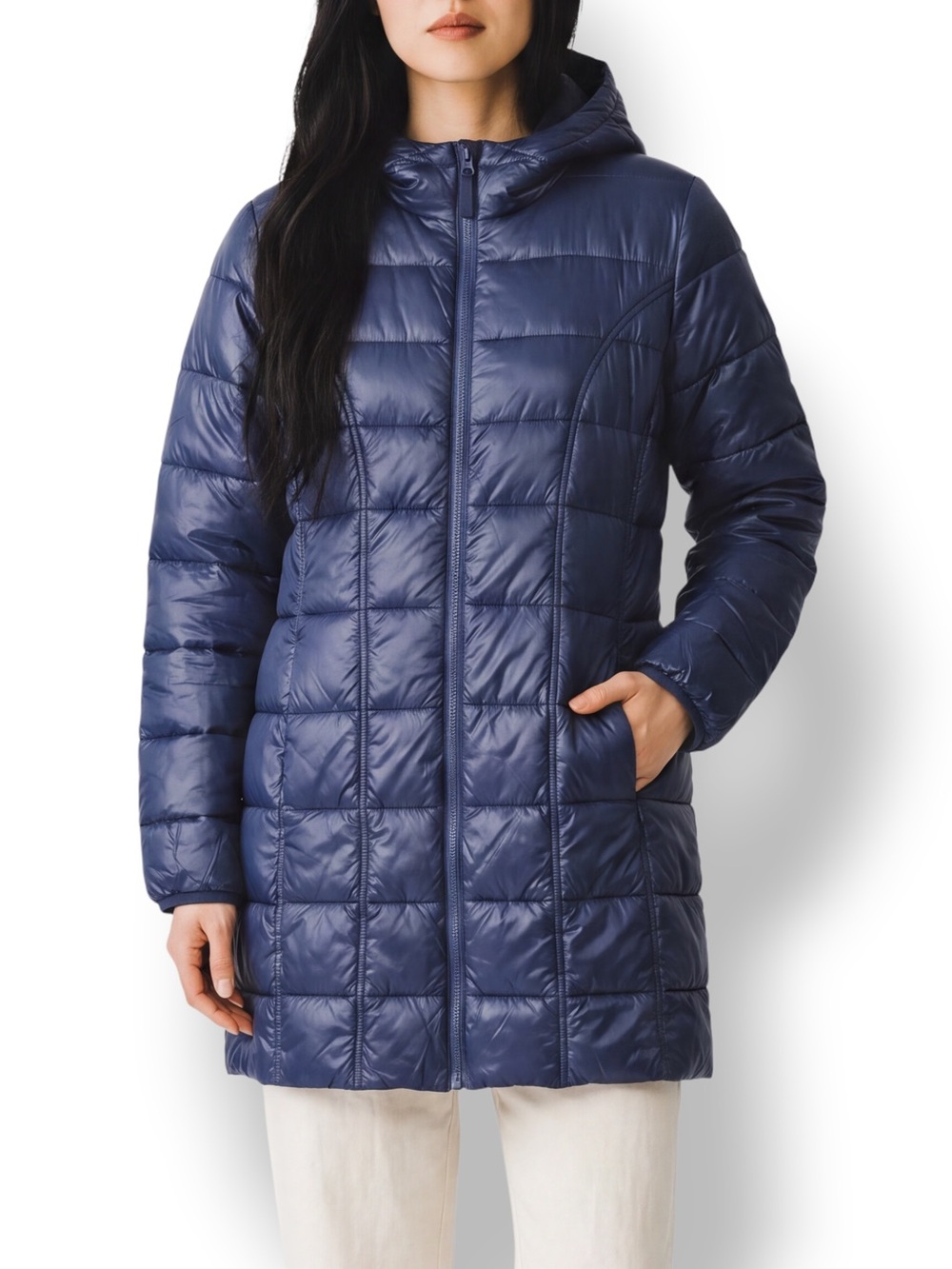 4/$20 Aventure Navy Hooded Long Puffer Coat Medium NWOT